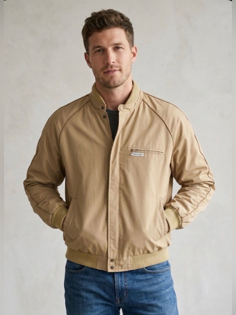 Vintage Windbreaker Harrington Style Jacket - Tan - Size M